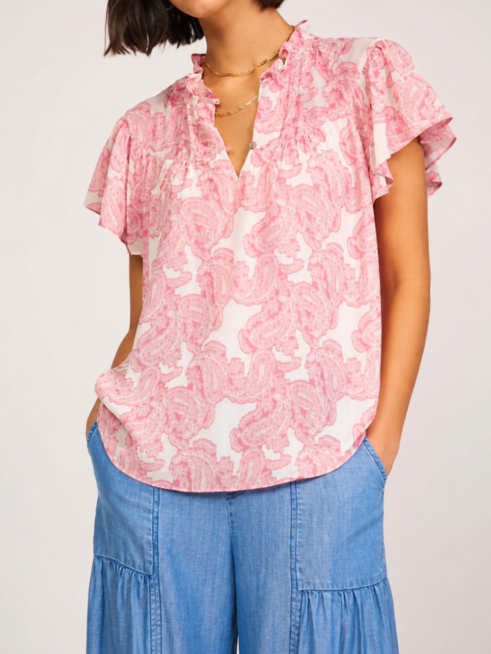 Current Air Pink Paisley Blouse Ruffle Neck Flutter Sleeve Romantic Top Small - Picture 1 of 8